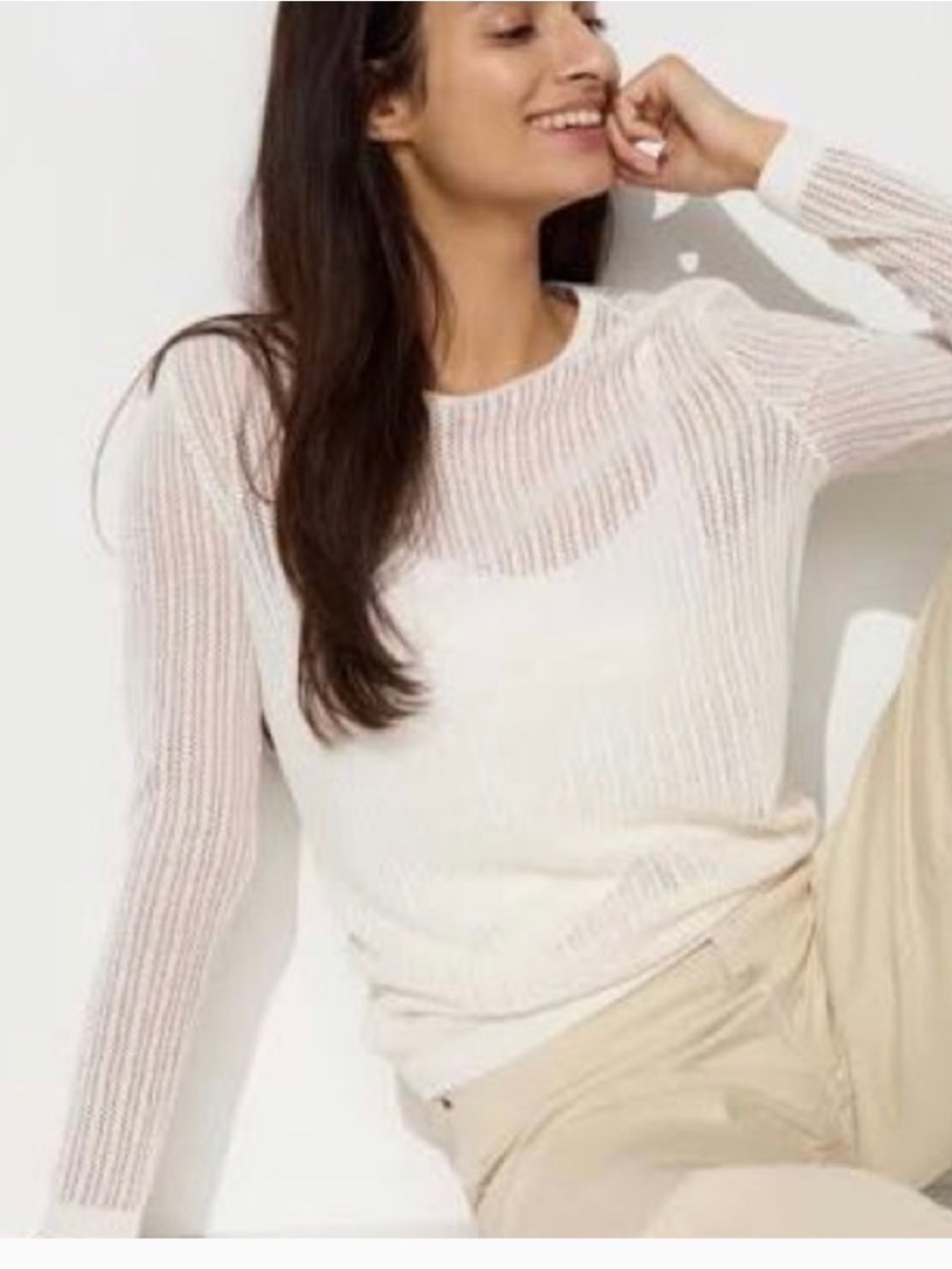 UNIQLO Sheer Knit Long Sleeve Top in Cream